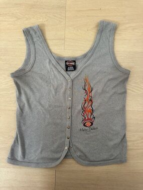 Harley-Davidson Gray Snap-Front Tank with Orange & Black Flame Graphic